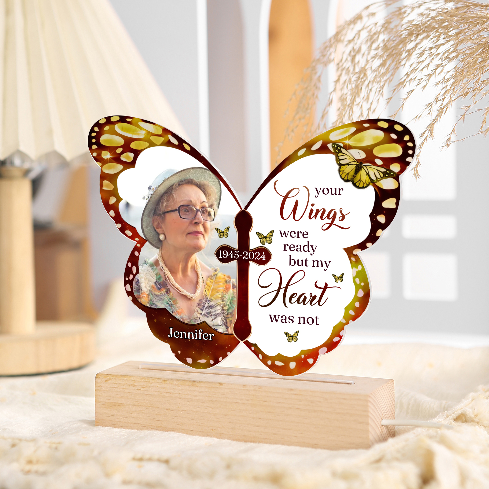 Personalized Butterfly Memorial Night Light with Wooden Base - Custom 1 Photo & 1 Name & Date Christmas Memorial Gift | Jessemade