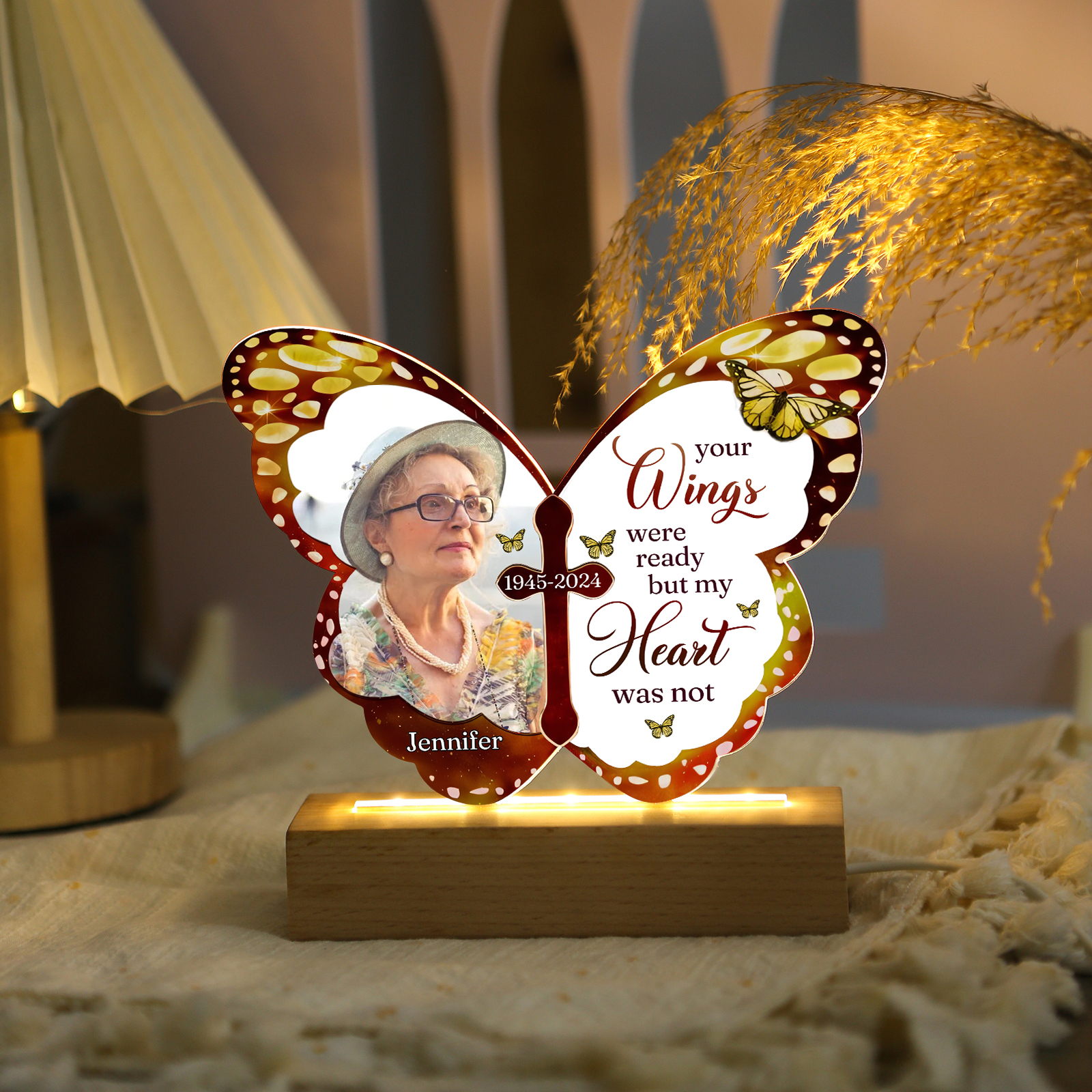 Personalized Butterfly Memorial Night Light with Wooden Base - Custom 1 Photo & 1 Name & Date Christmas Memorial Gift | Jessemade