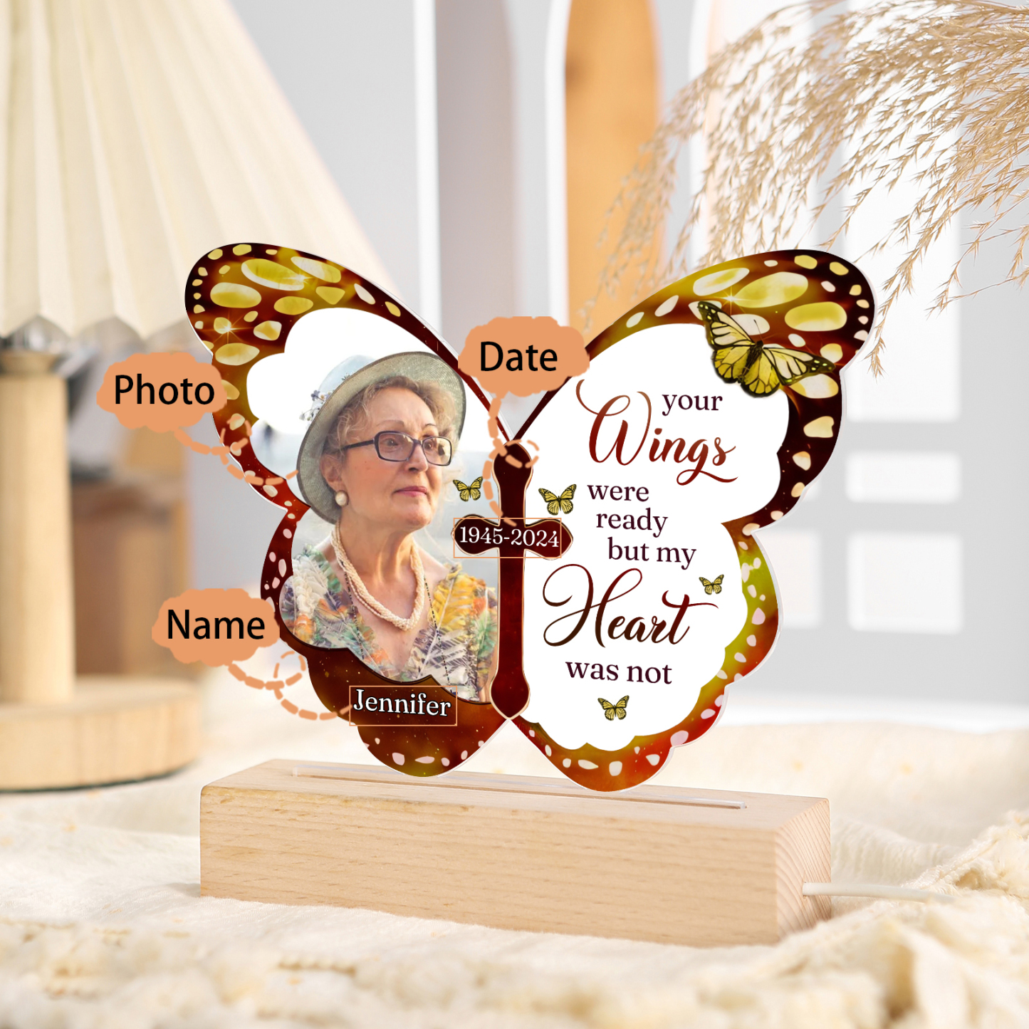 Personalized Butterfly Memorial Night Light with Wooden Base - Custom 1 Photo & 1 Name & Date Christmas Memorial Gift | Jessemade