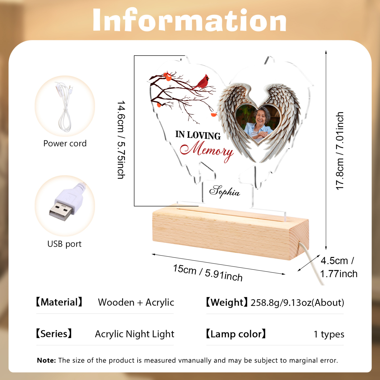 Personalized Memorial Acrylic Heart-Shaped Night Light with Custom Photo & Name - LED Lamp Christmas Memorial Gift | Jessemade