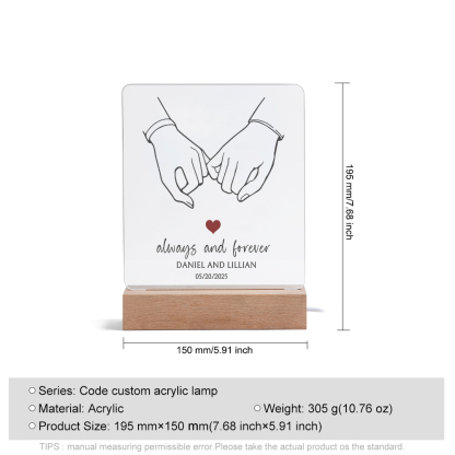 Personalised Night Light – Custom Names, Date & “Always and Forever” Design with Holding Hands – Valentine’s Day Gift for Him/Her | Jessemade