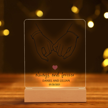 Personalised Night Light – Custom Names, Date & “Always and Forever” Design with Holding Hands – Valentine’s Day Gift for Him/Her | Jessemade