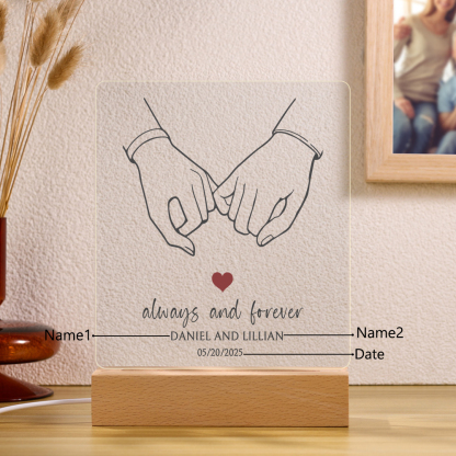 Personalised Night Light – Custom Names, Date & “Always and Forever” Design with Holding Hands – Valentine’s Day Gift for Him/Her | Jessemade