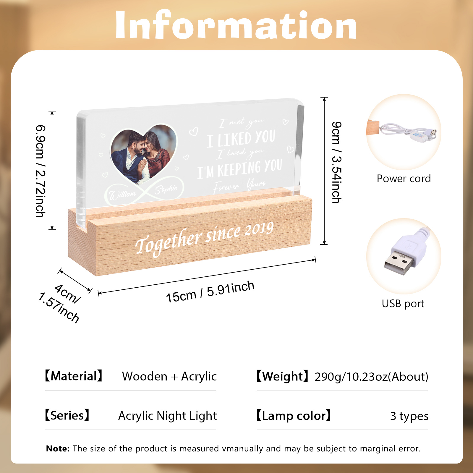 Personalised LED Photo Night Light with 2 Names and Year – Wooden Base Acrylic Lamp - Valentine’s Day Gift for Him/Her | Jessemade