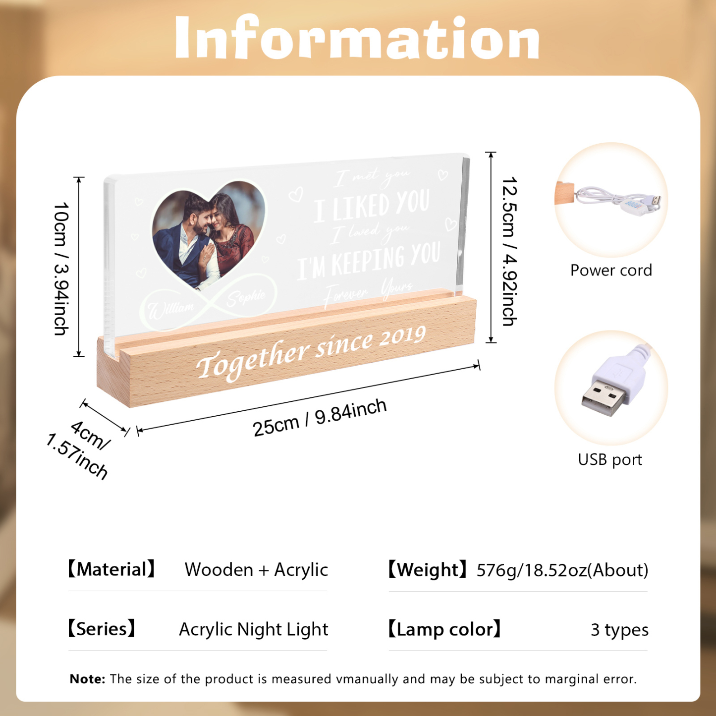 Personalised LED Photo Night Light with 2 Names and Year – Wooden Base Acrylic Lamp - Valentine’s Day Gift for Him/Her | Jessemade