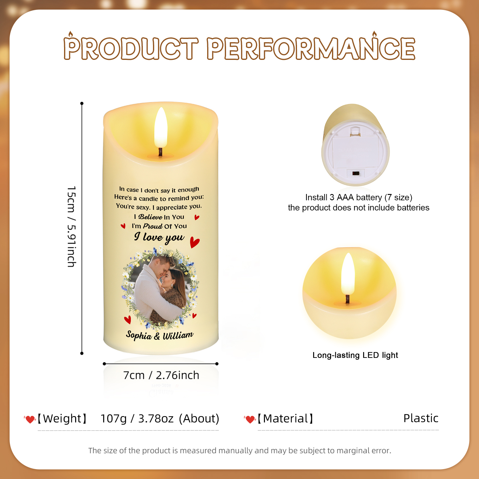Personalised LED Candle with Custom 2 Names & Photo – "I Love You" - Valentine’s Day Gift for Him/Her | Jessemade