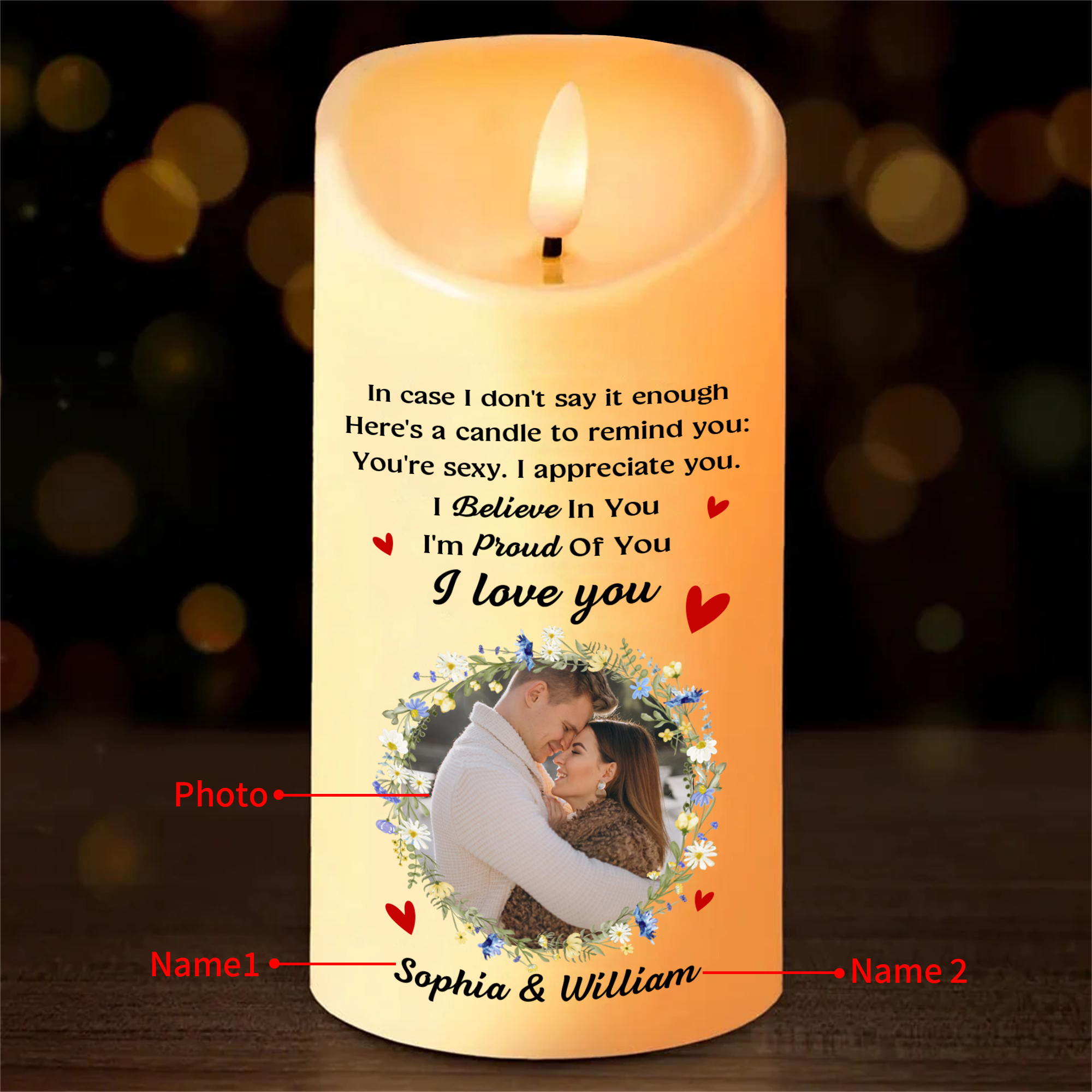 Personalised LED Candle with Custom 2 Names & Photo – "I Love You" - Valentine’s Day Gift for Him/Her | Jessemade