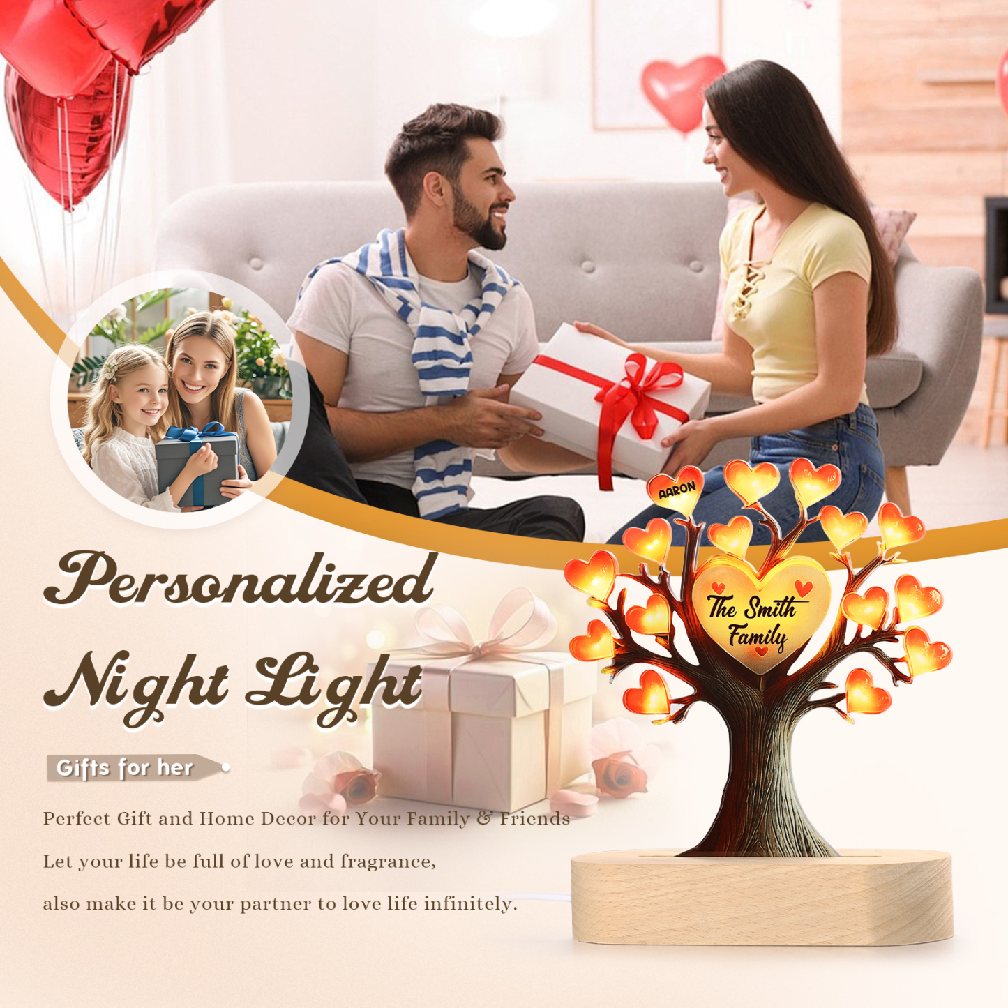 Personalized Family Tree Night Light – LED Lamp with 1 Name & Text – Great Mother’s Day Gift