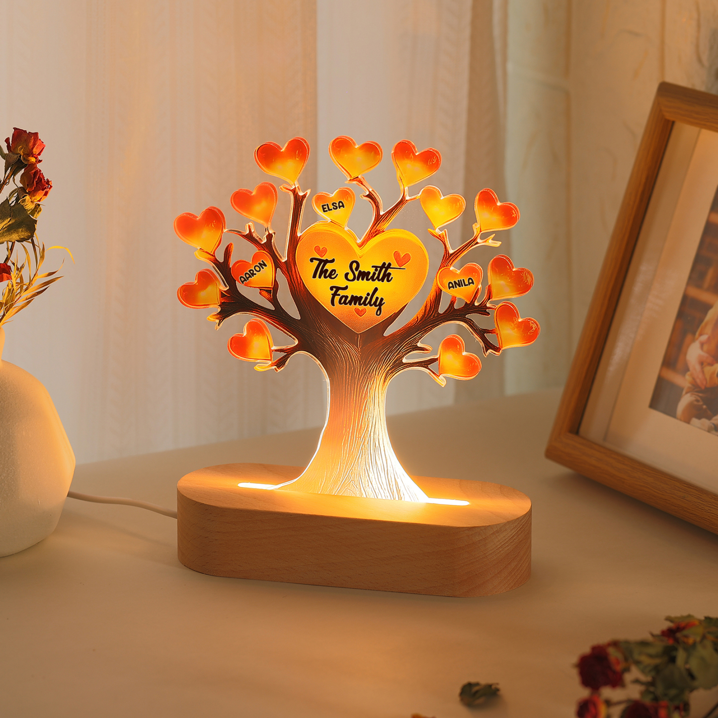 Personalized Family Tree Night Light – LED Lamp with 3 Name & Text – Great Mother’s Day Gift