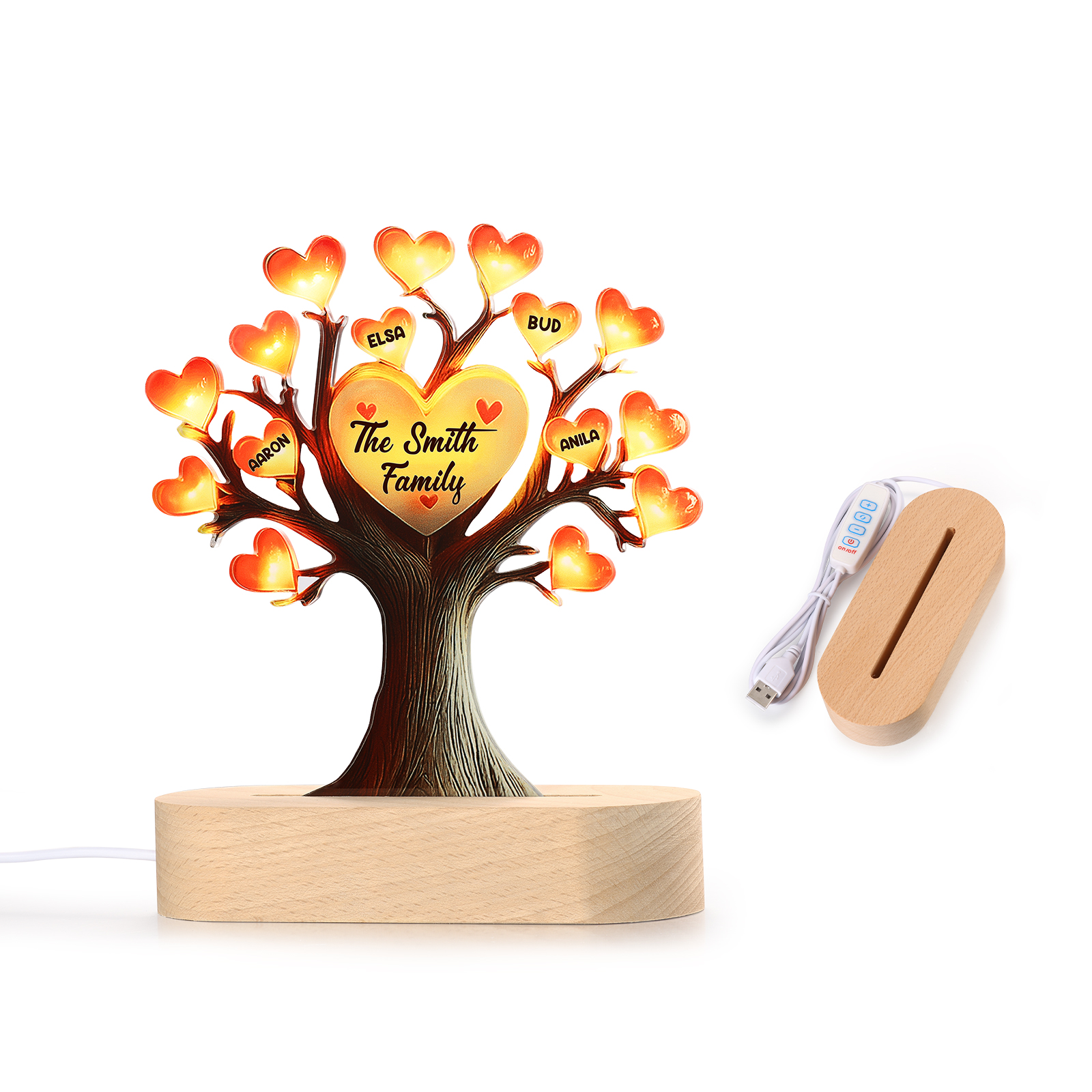 Personalized Family Tree Night Light – LED Lamp with 4 Name & Text – Great Mother’s Day Gift