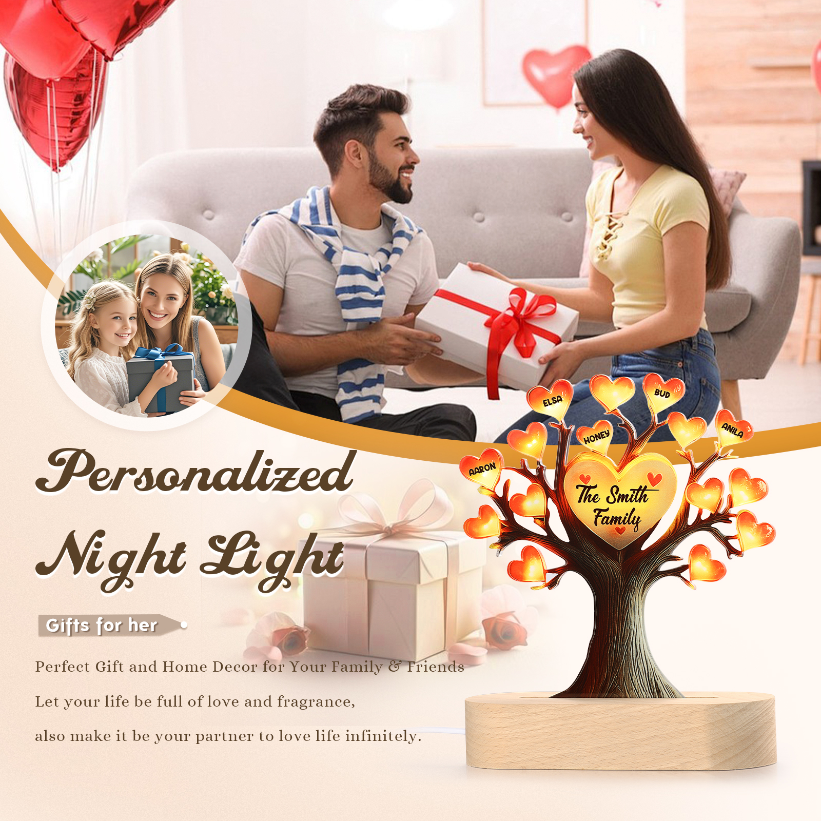 Personalized Family Tree Night Light – LED Lamp with 5 Name & Text – Great Mother’s Day Gift