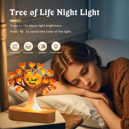 Personalized Family Tree Night Light – LED Lamp with 5 Name & Text – Great Mother’s Day Gift