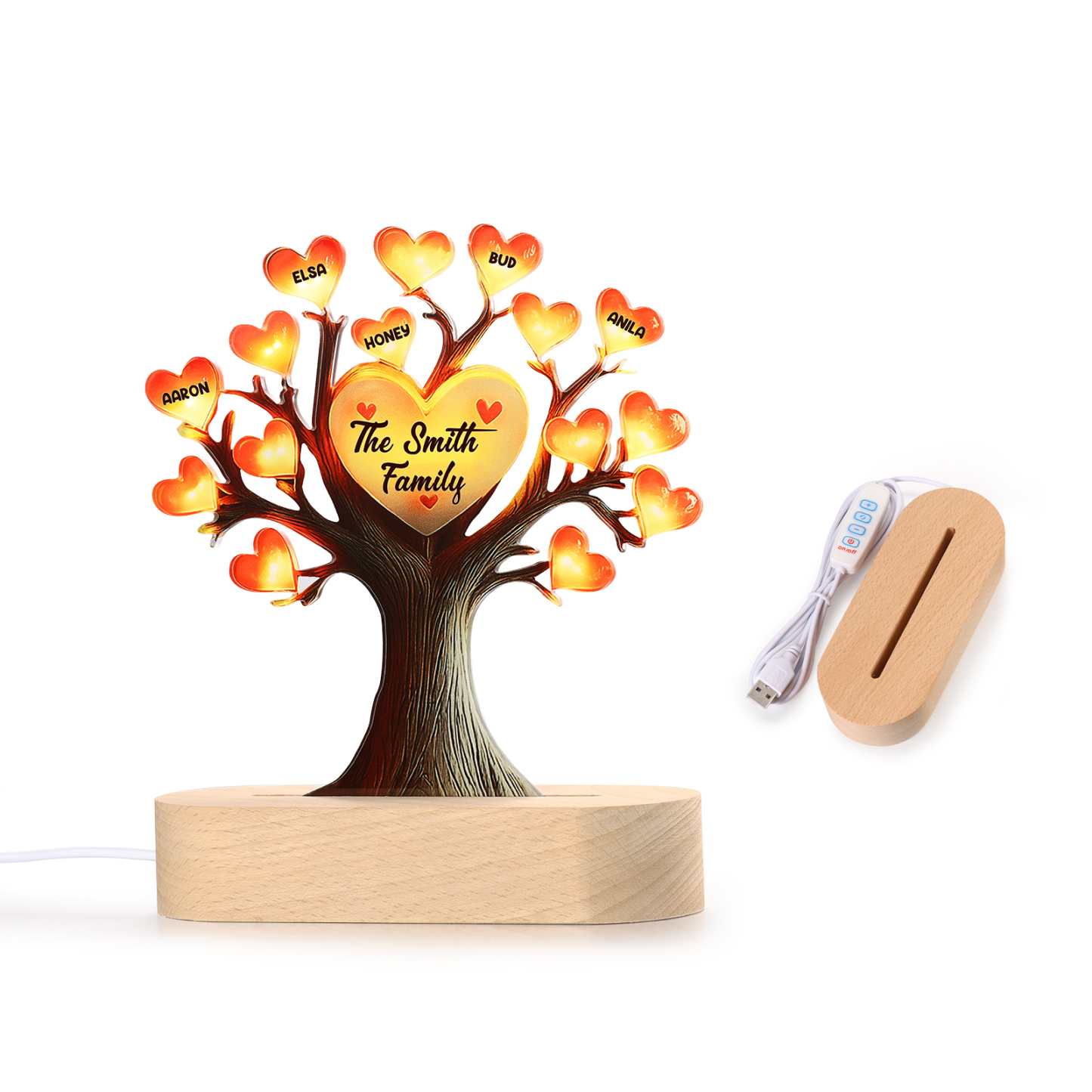 Personalized Family Tree Night Light – LED Lamp with 5 Name & Text – Great Mother’s Day Gift