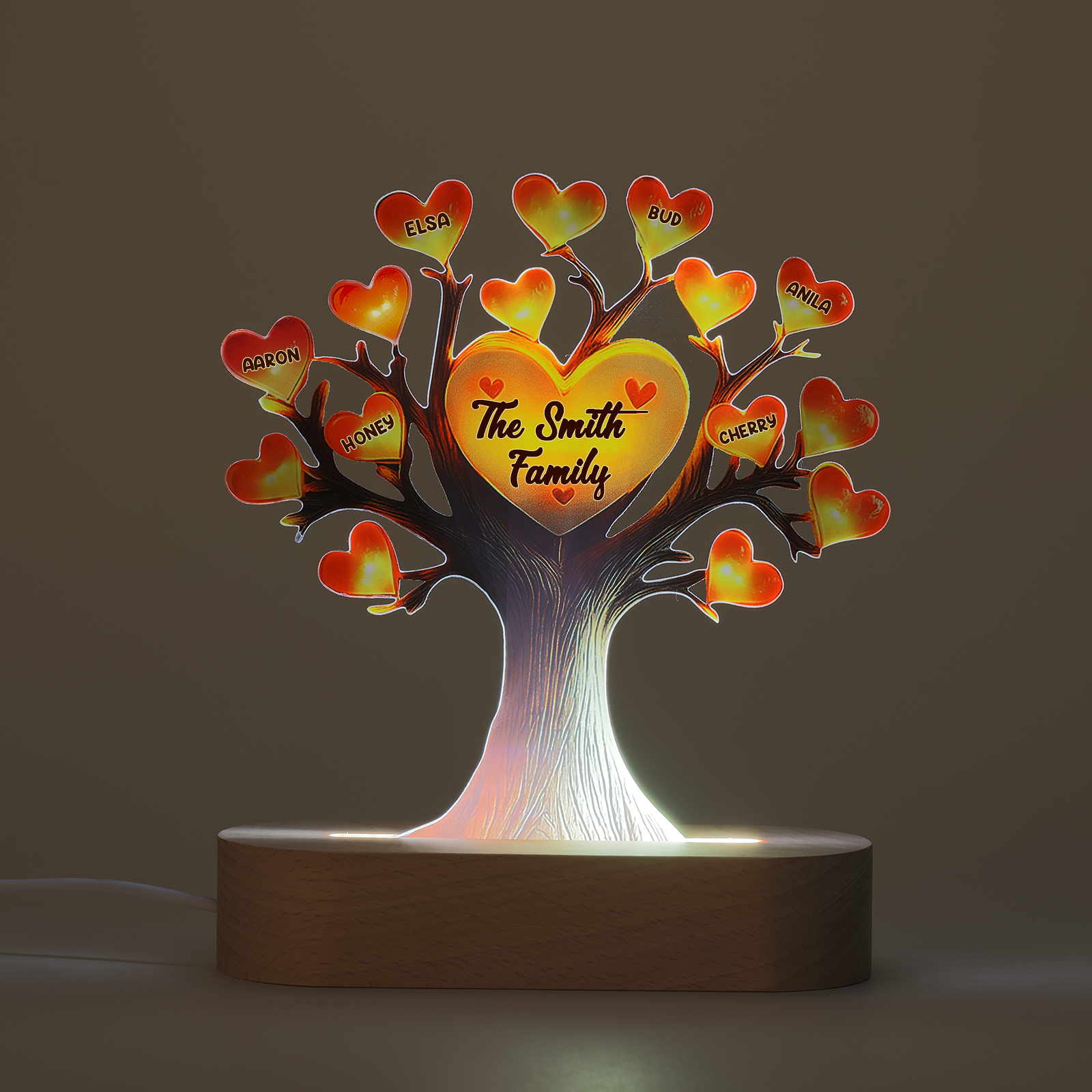 Personalized Family Tree Night Light – LED Lamp with 6 Name & Text – Great Mother’s Day Gift