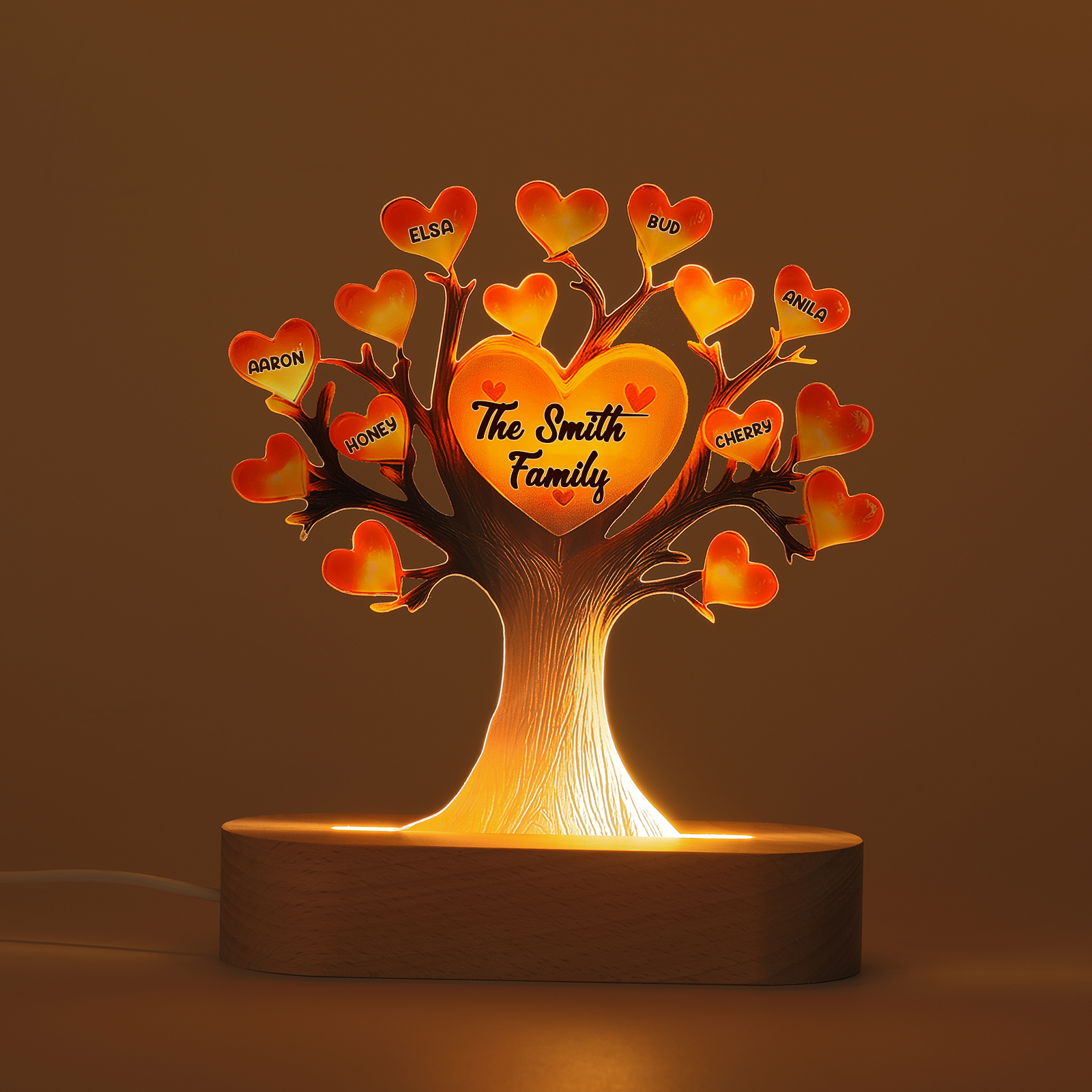 Personalized Family Tree Night Light – LED Lamp with 6 Name & Text – Great Mother’s Day Gift