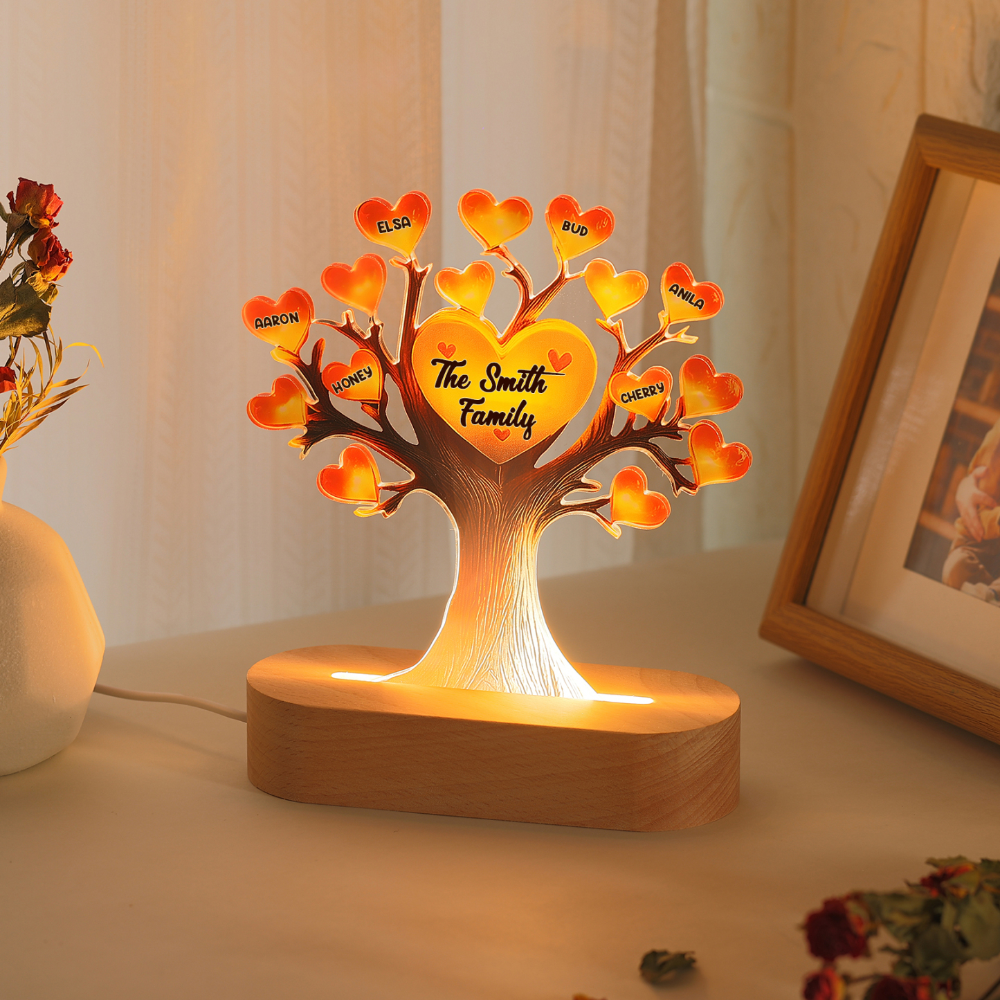 Personalized Family Tree Night Light – LED Lamp with 6 Name & Text – Great Mother’s Day Gift