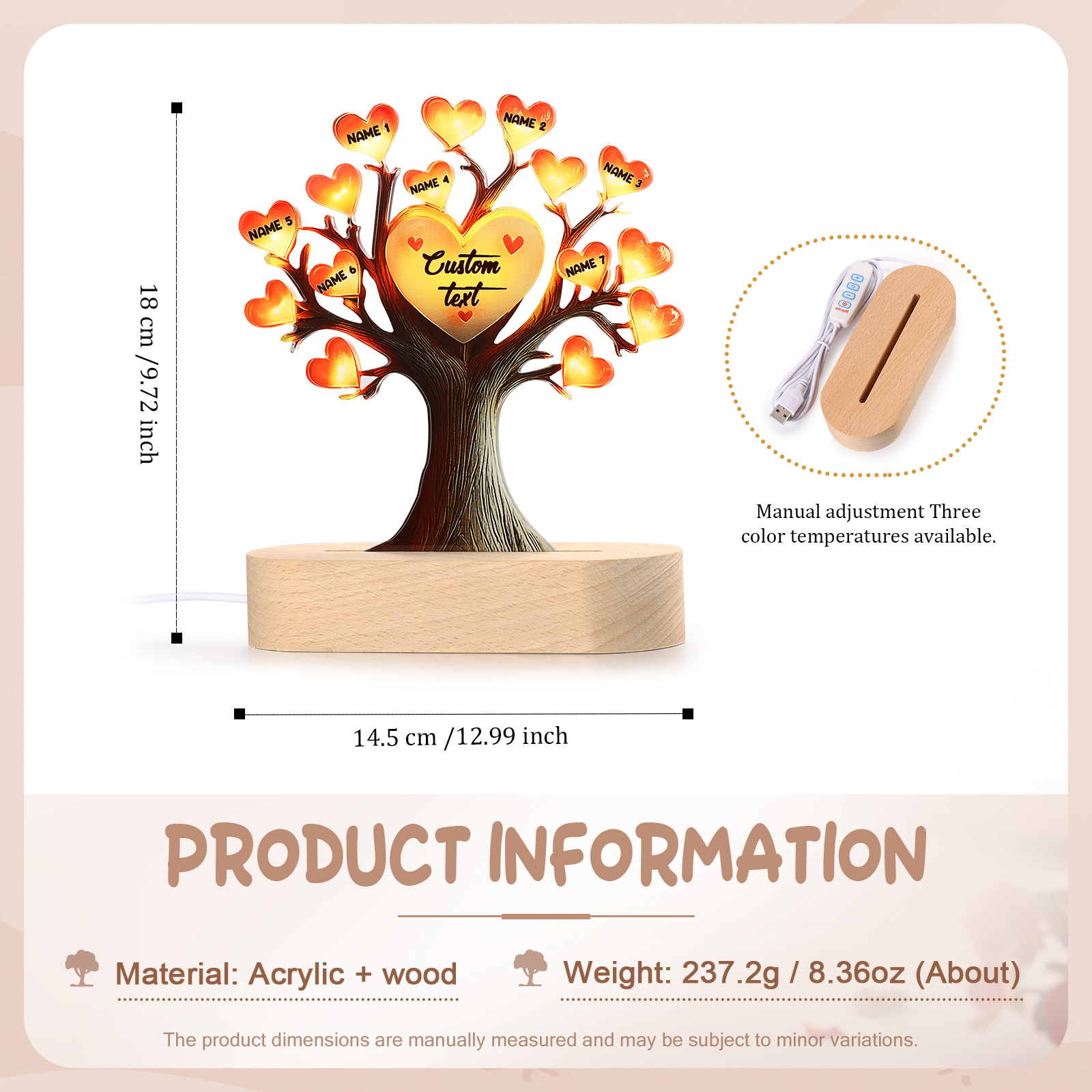 Personalized Family Tree Night Light – LED Lamp with 7 Name & Text – Great Mother’s Day Gift