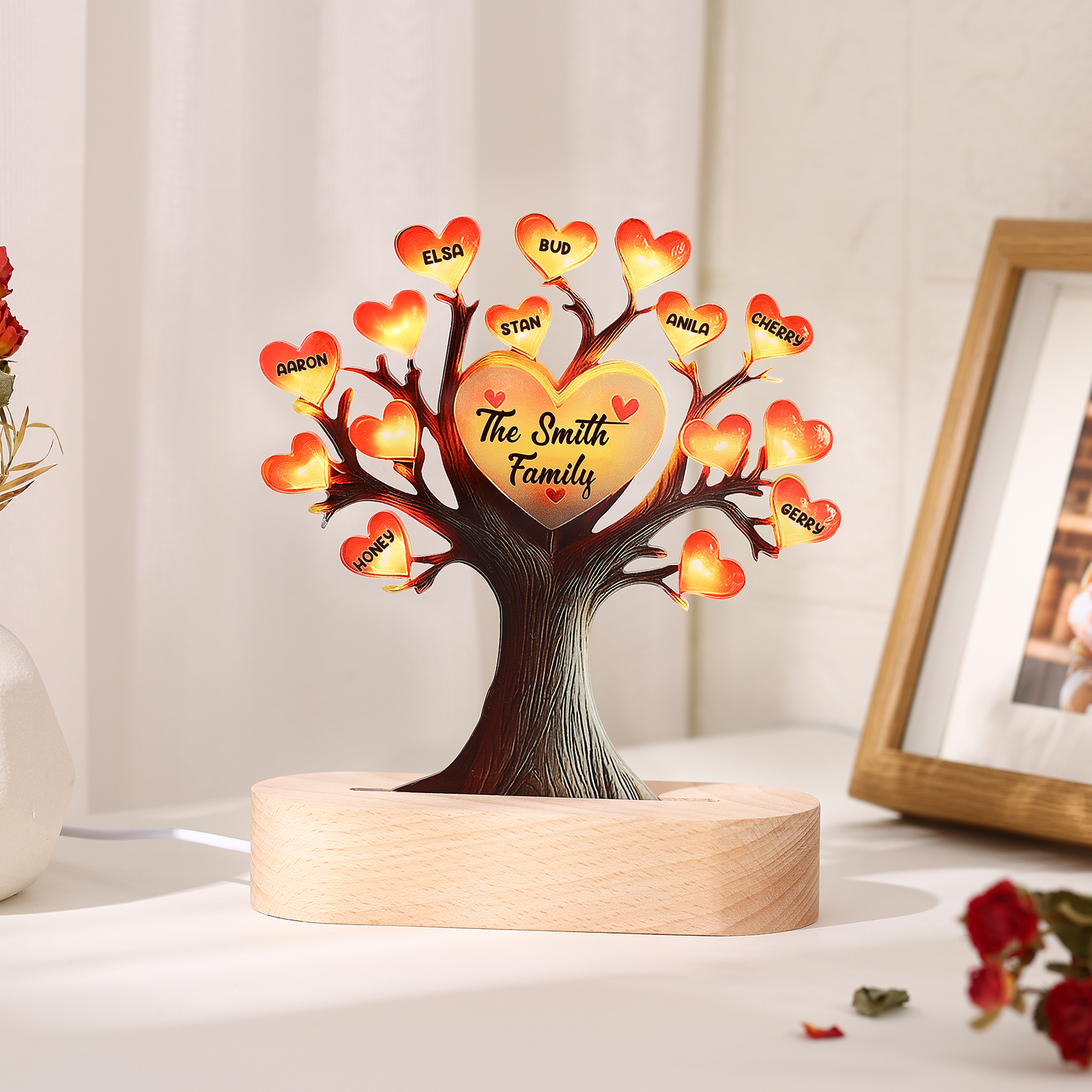Personalized Family Tree Night Light – LED Lamp with 8 Name & Text – Great Mother’s Day Gift