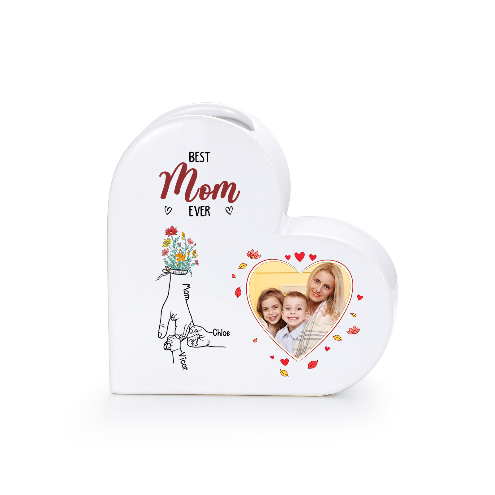 Personalized Heart Shaped Ceramic Vase Custom With 1-6 Names And Photo Gift For Mom Or Grandma