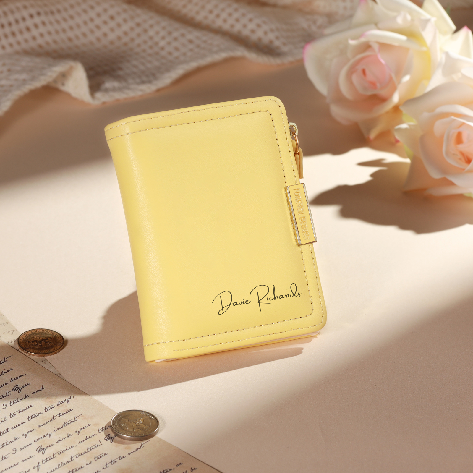 Personalized Leather Zippered Wallet Custom With Photo And Engraved Name