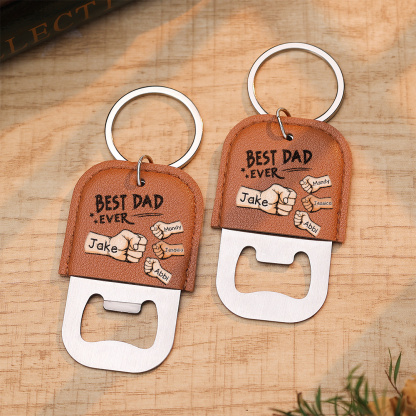 Personalized Leather Keychain With Bottle Opener For Dad Custom With 2–7 Names And Fist Bumps