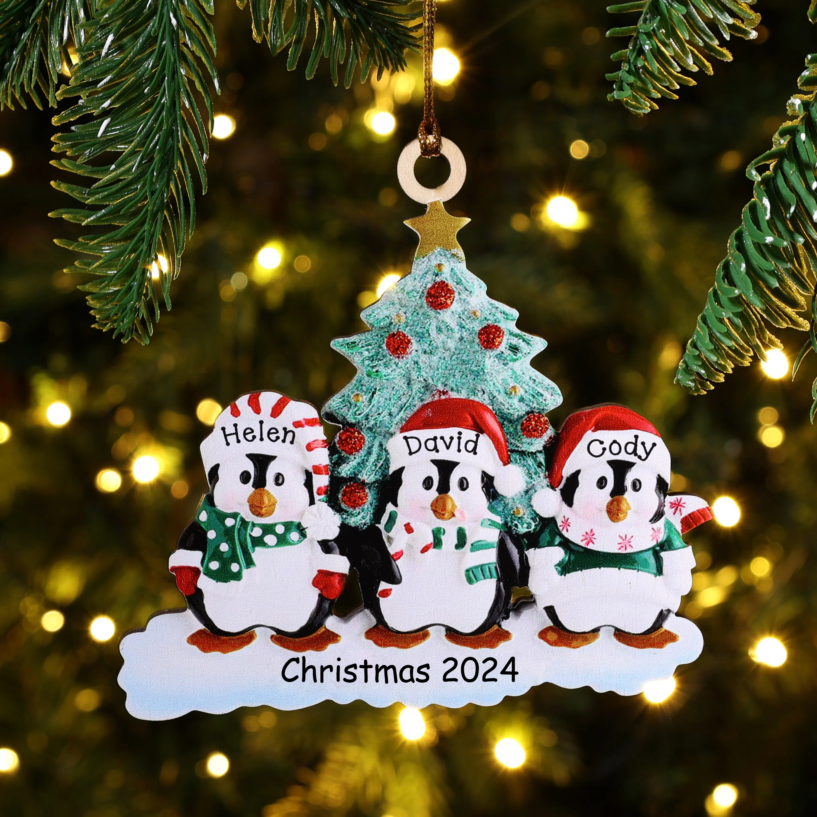 3 Names-Personalized Family Wooden Christmas Ornament-Custom 3 Names Hanging Ornament Gifts For Family-Winter Penguin Family