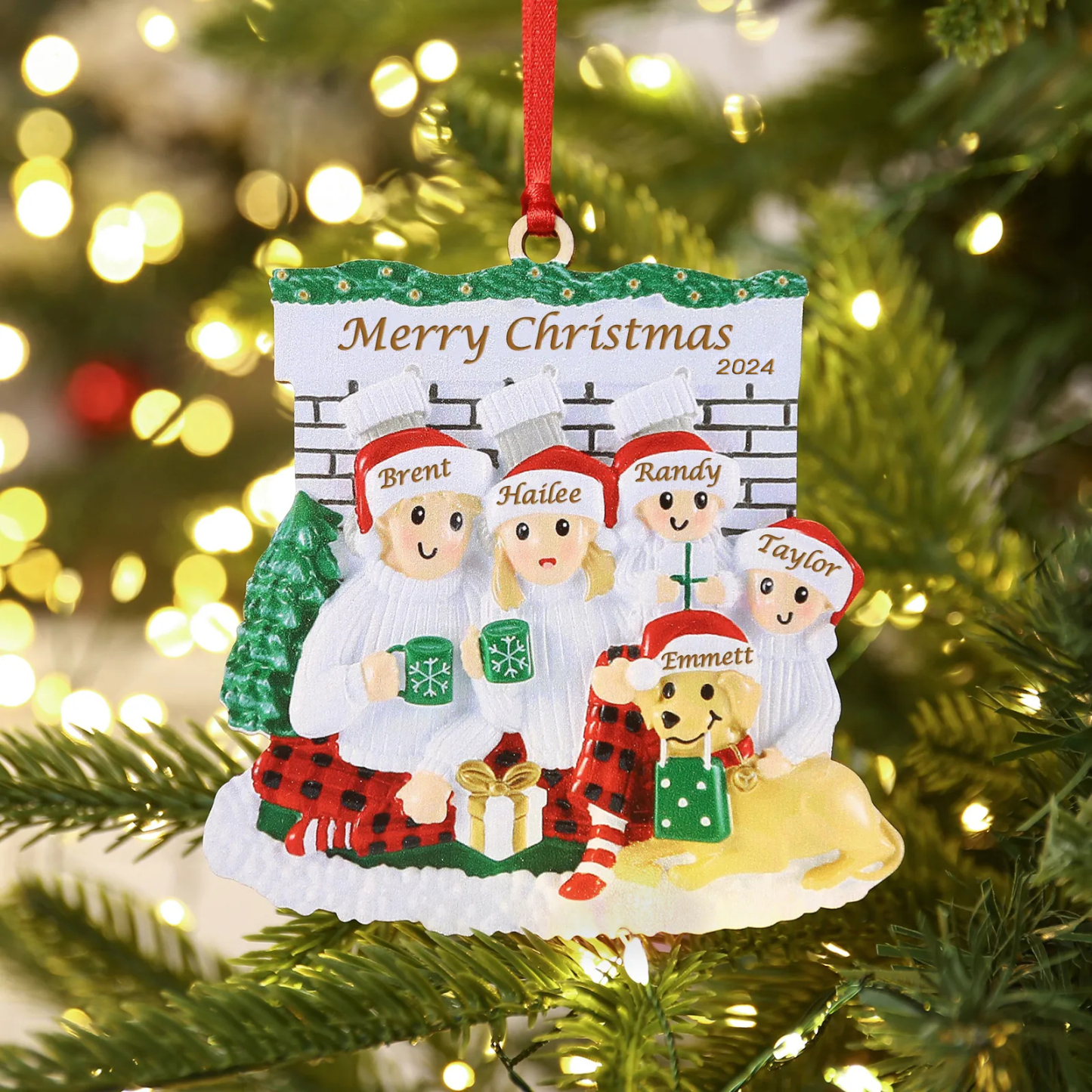 5 Names-Personalized Family Wooden Christmas Xmas Tree Decoration Ornament with Dog-Custom 5 Names Hanging Ornament Gifts For Family