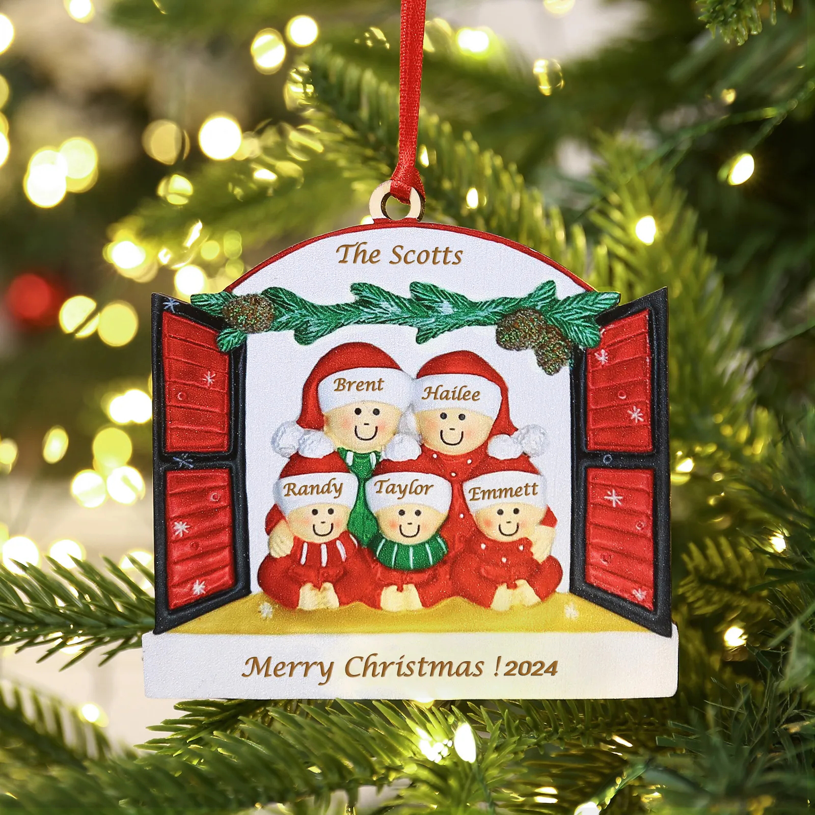 5 Names-Personalized Family Wooden Christmas Xmas Tree Decoration Ornament-Custom 5 Names Hanging Ornament Gifts For Family