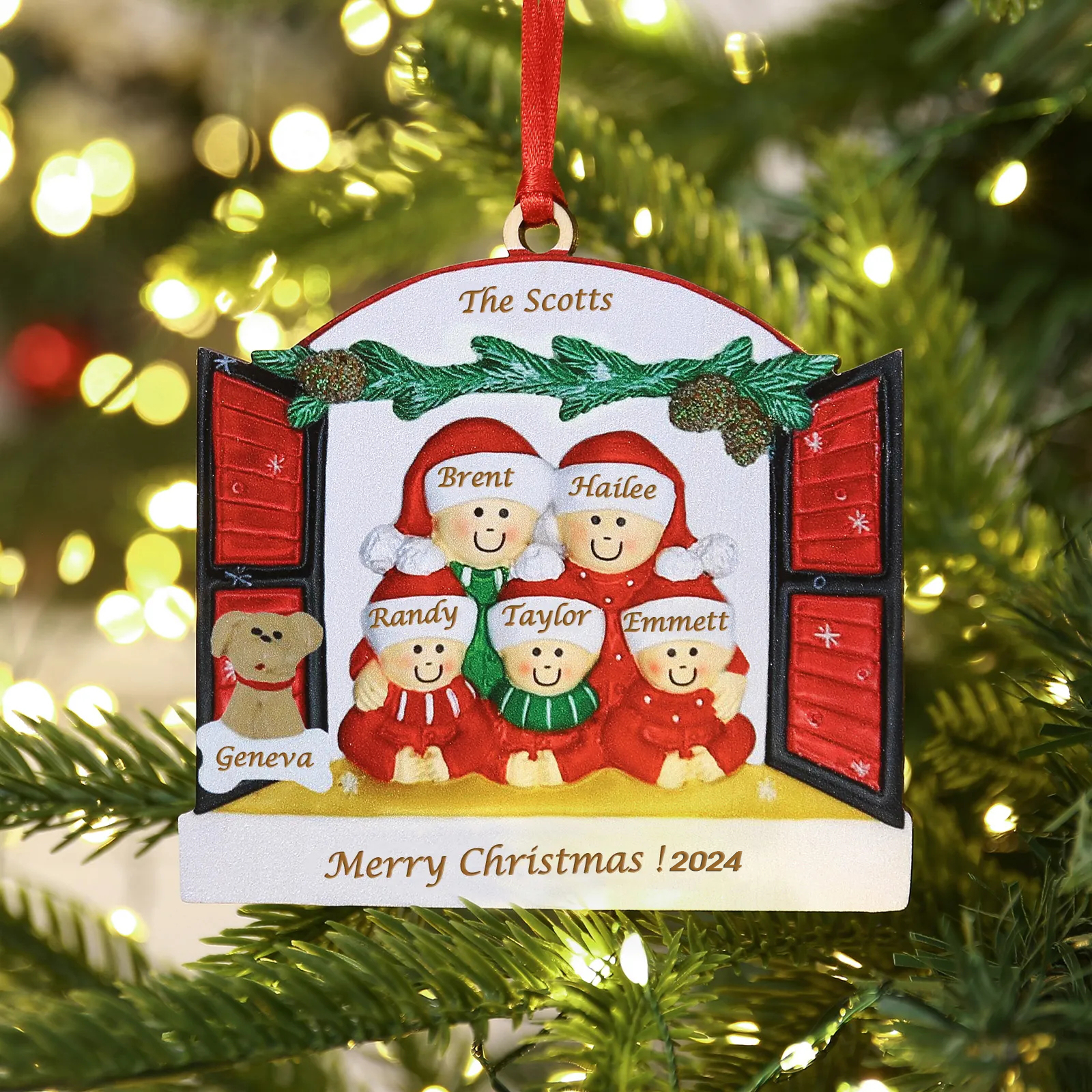 6 Names-Personalized Family Wooden Christmas Xmas Tree Decoration Ornament-Custom 6 Names Hanging Ornament  with Dog Gifts For Family