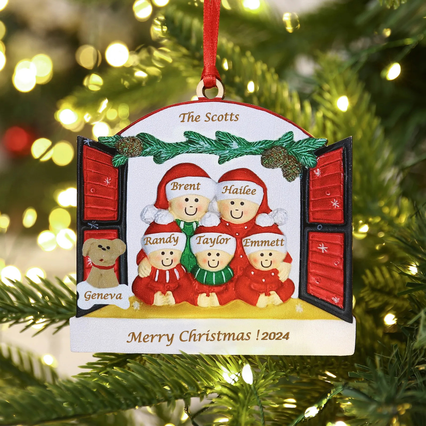 6 Names-Personalized Family Wooden Christmas Xmas Tree Decoration Ornament-Custom 6 Names Hanging Ornament  with Dog Gifts For Family