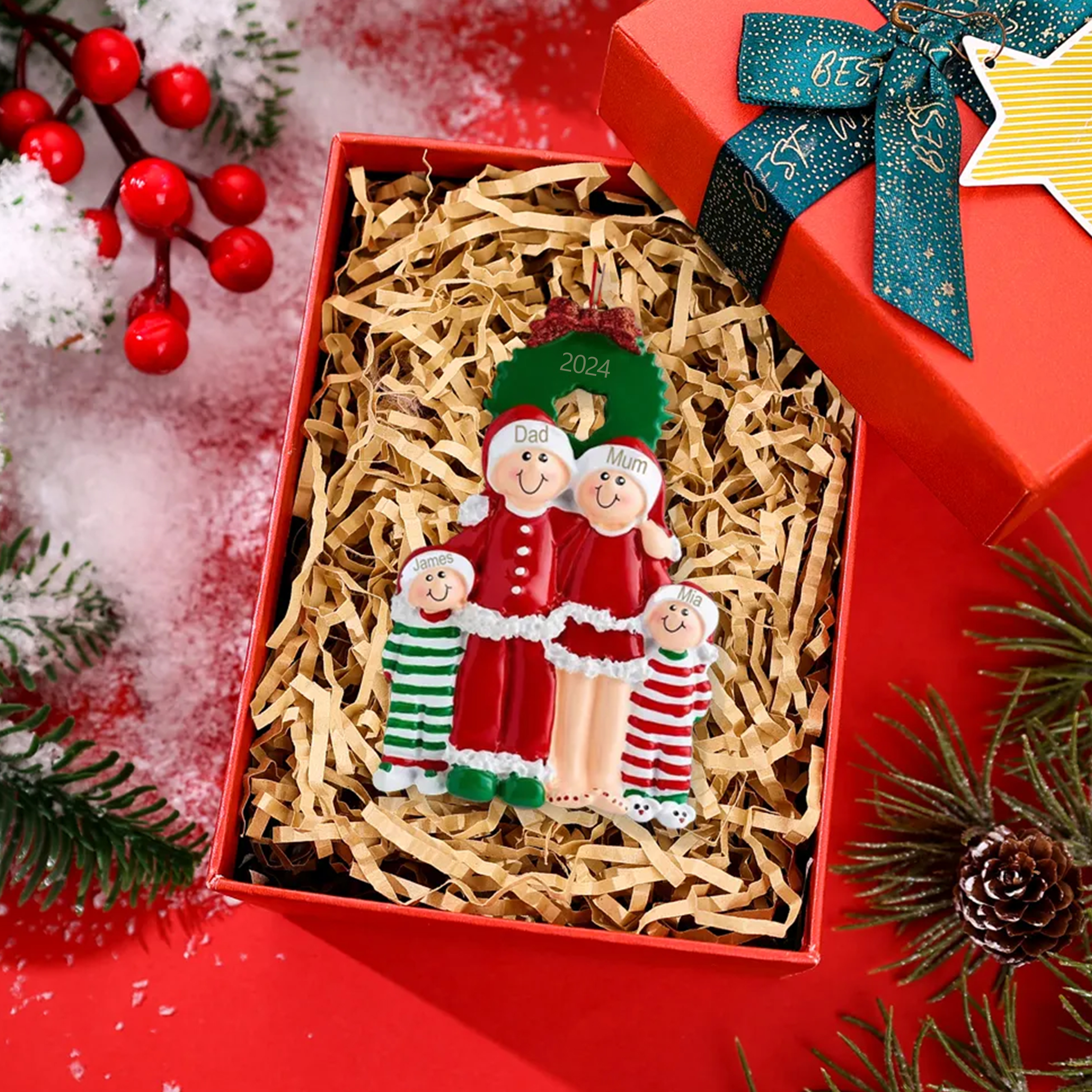 Family Pajamas Christmas Ornament Custom 4 Names Hanging Ornament Gifts For Family