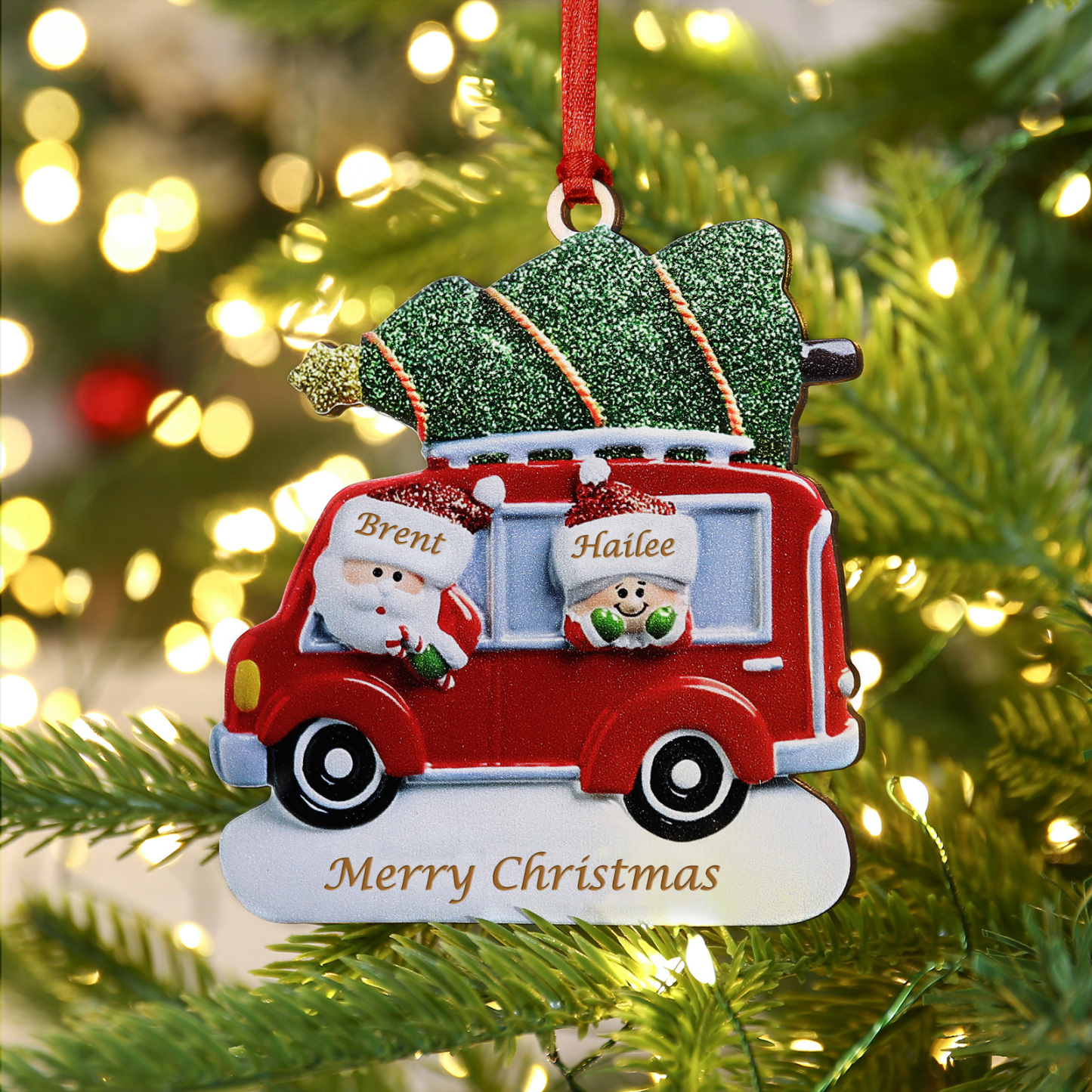 Personalised Christmas Ornament with Santa and Tree - Customize 2 Name