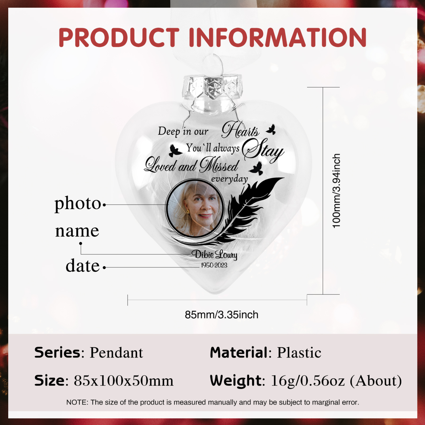 Heart-shaped Memorial Christmas Ornaments Custom Name & Date & Photo Feather Ornament Commemorate Deceased Loved Ones| Jessmade