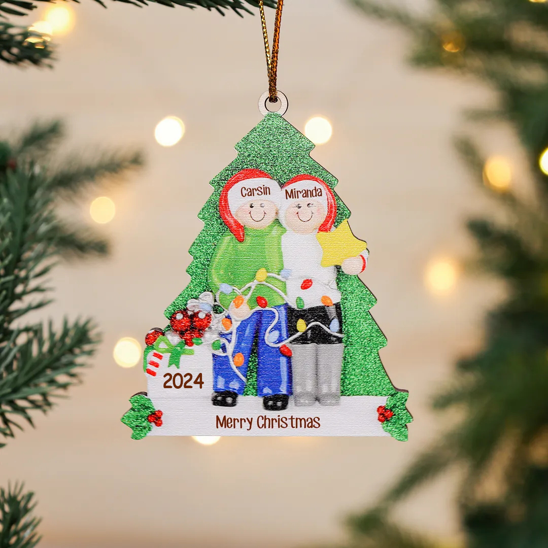 Personalized Couples Christmas Hanging Ornaments Custom 2 Names & Year & Text Wooden Xmas Ornament Gifts for Couples