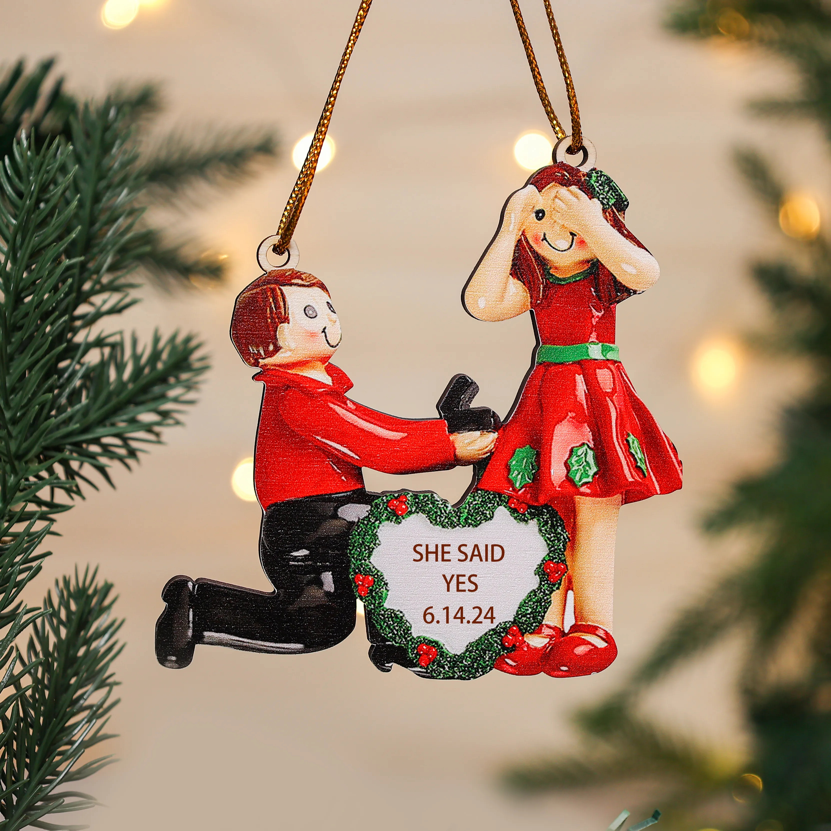 Personalized Engagement Christmas Ornaments Custom Text & Date Wooden Hanging Ornament Gift for Couples