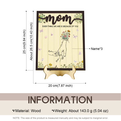 3 Names - Personalized Home Frame Wooden Ornaments Holding Hands Flower Elements Style Ornaments Home Decor for Mom