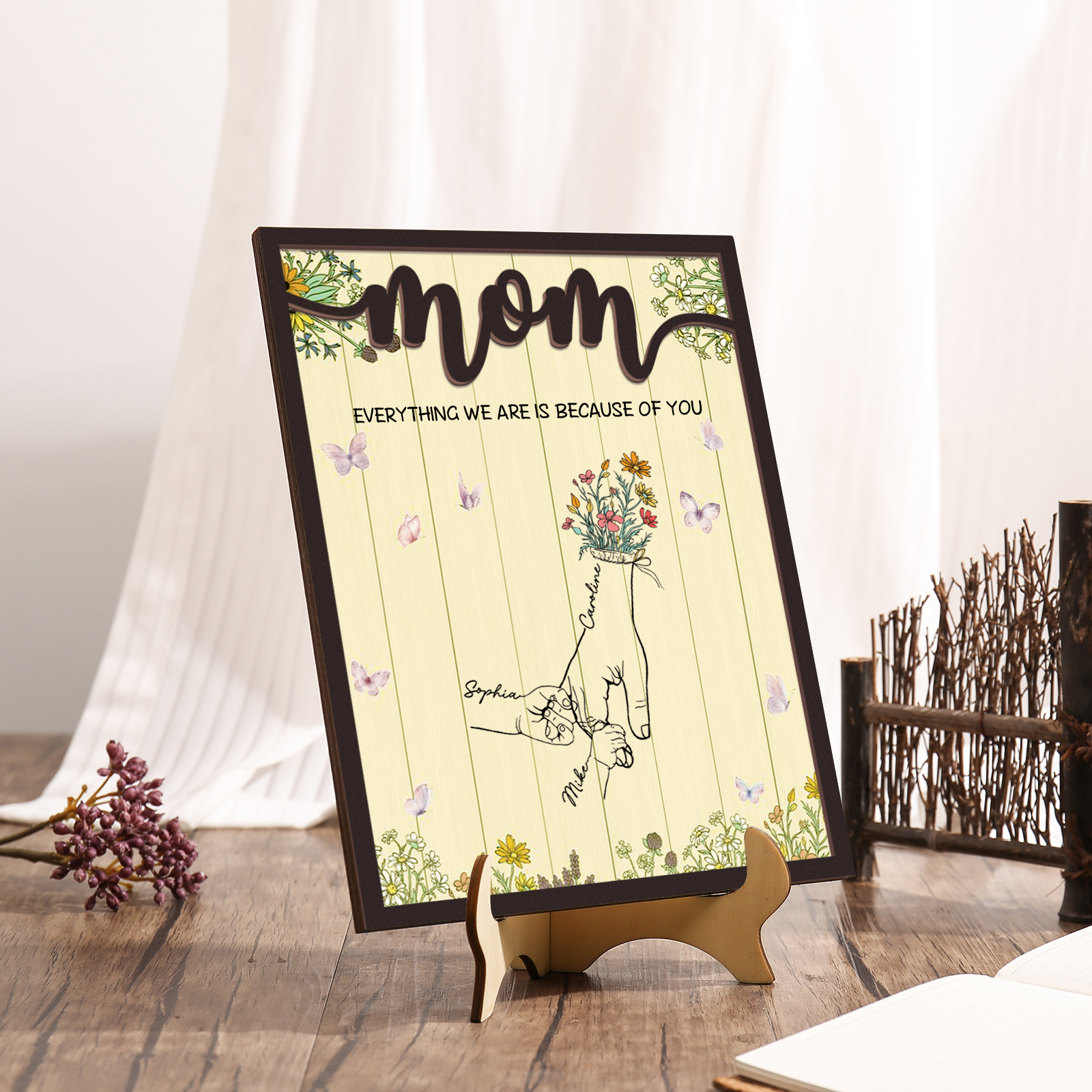 3 Names - Personalized Customizable Text Home Frame Wooden Ornament Holding Hands Flower Elements Style Ornament for Mom