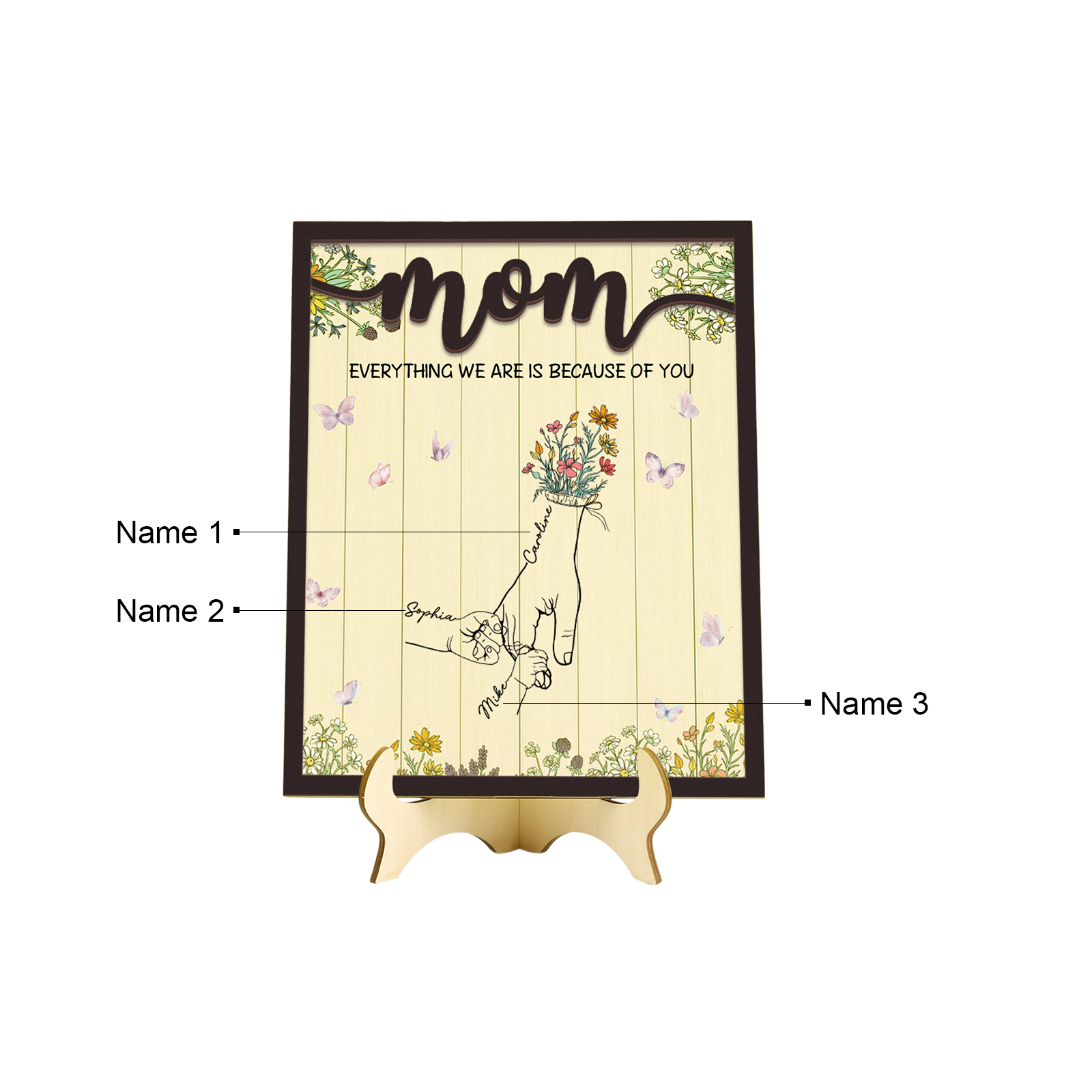 3 Names - Personalized Home Frame Wooden Ornaments Holding Hands Flower Elements Style Ornaments Home Decor for Mom
