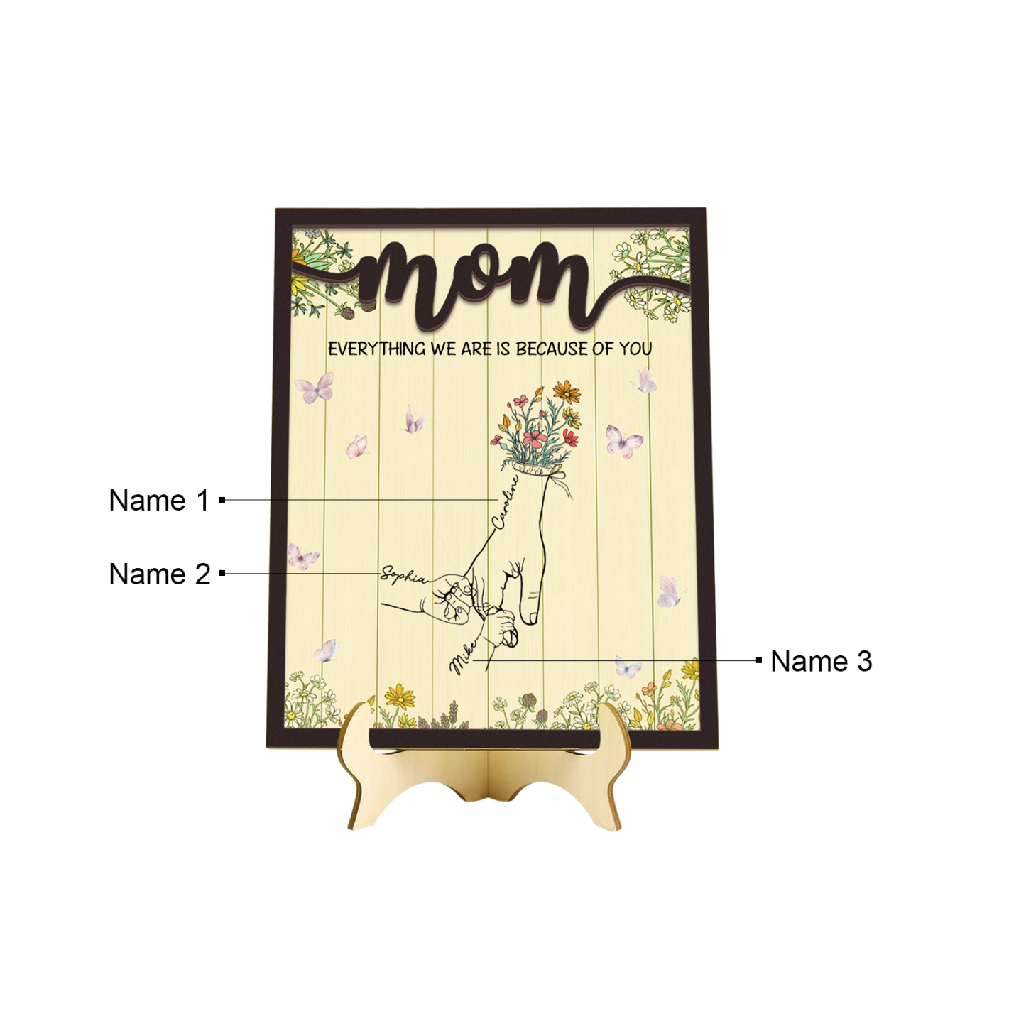3 Names - Personalized Home Frame Wooden Ornaments Holding Hands Flower Elements Style Ornaments Home Decor for Mom