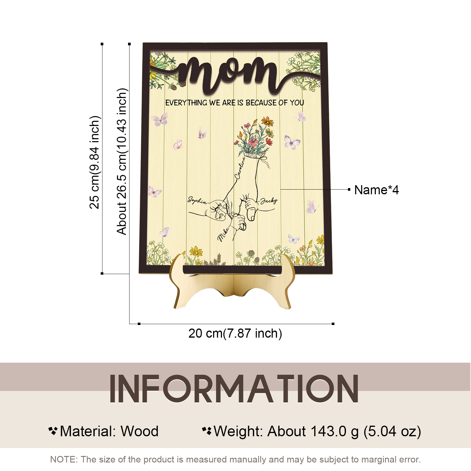 4 Names - Personalized Home Frame Wooden Ornaments Holding Hands Flower Elements Style Ornaments Home Decor for Mom