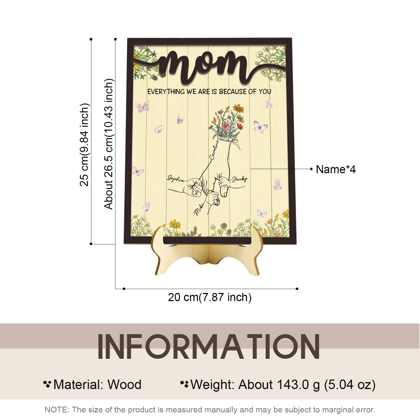 4 Names - Personalized Home Frame Wooden Ornaments Holding Hands Flower Elements Style Ornaments Home Decor for Mom