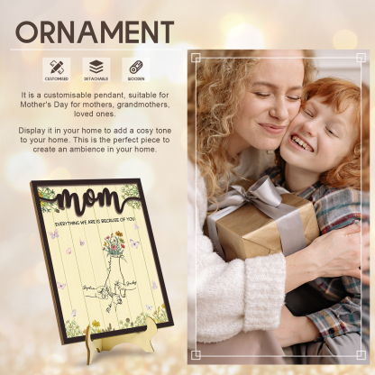 4 Names - Personalized Customizable Text Home Frame Wooden Ornament Holding Hands Flower Elements Style Ornament for Mom