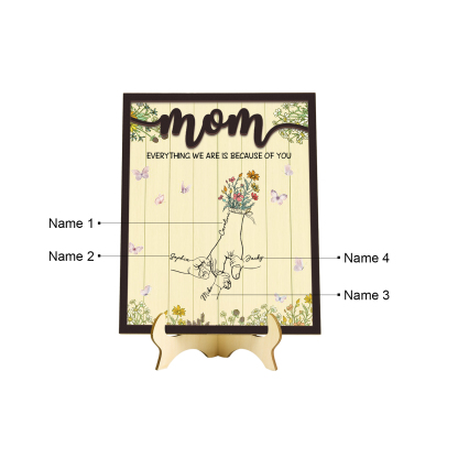 4 Names - Personalized Home Frame Wooden Ornaments Holding Hands Flower Elements Style Ornaments Home Decor for Mom