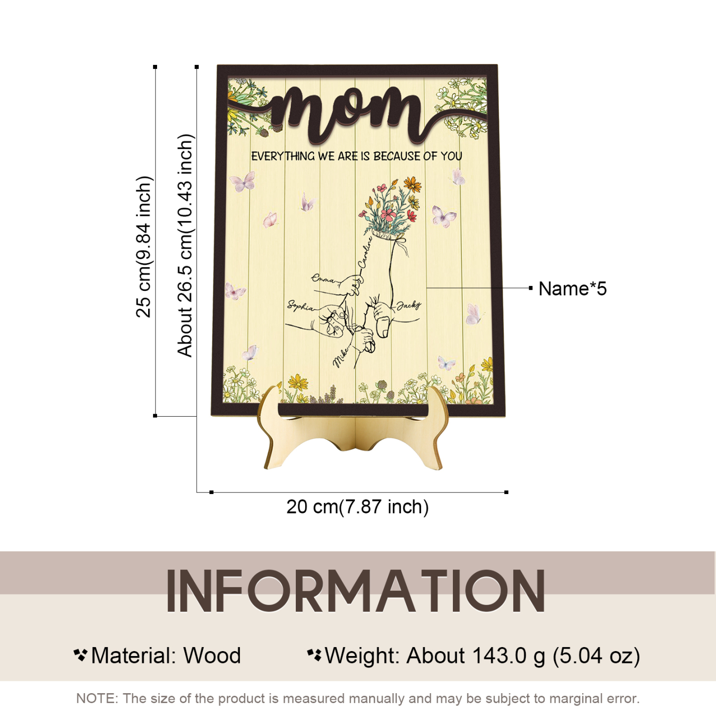 5 Names - Personalized Home Frame Wooden Ornaments Holding Hands Flower Elements Style Ornaments Home Decor for Mom