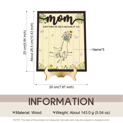 5 Names - Personalized Home Frame Wooden Ornaments Holding Hands Flower Elements Style Ornaments Home Decor for Mom