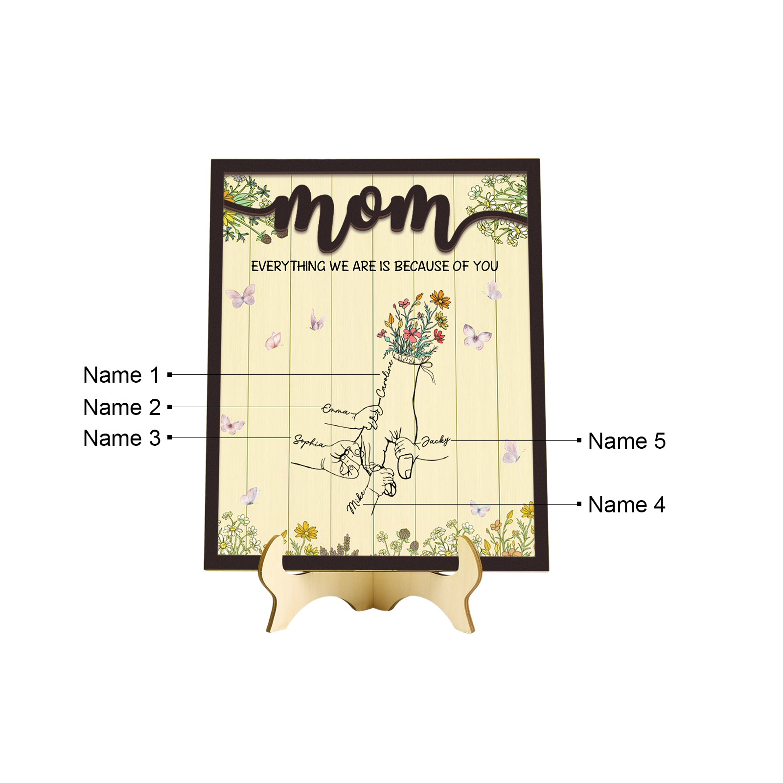 5 Names - Personalized Home Frame Wooden Ornaments Holding Hands Flower Elements Style Ornaments Home Decor for Mom