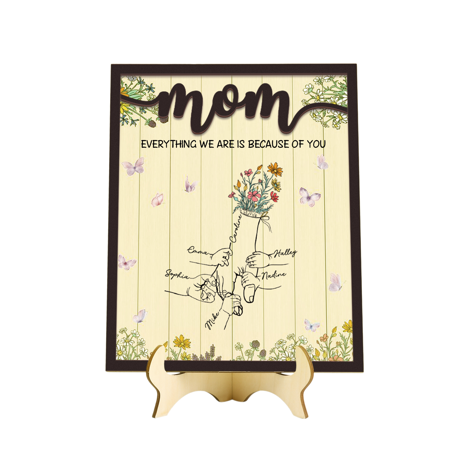 6 Names - Personalized Home Frame Wooden Ornaments Holding Hands Flower Elements Style Ornaments Home Decor for Mom