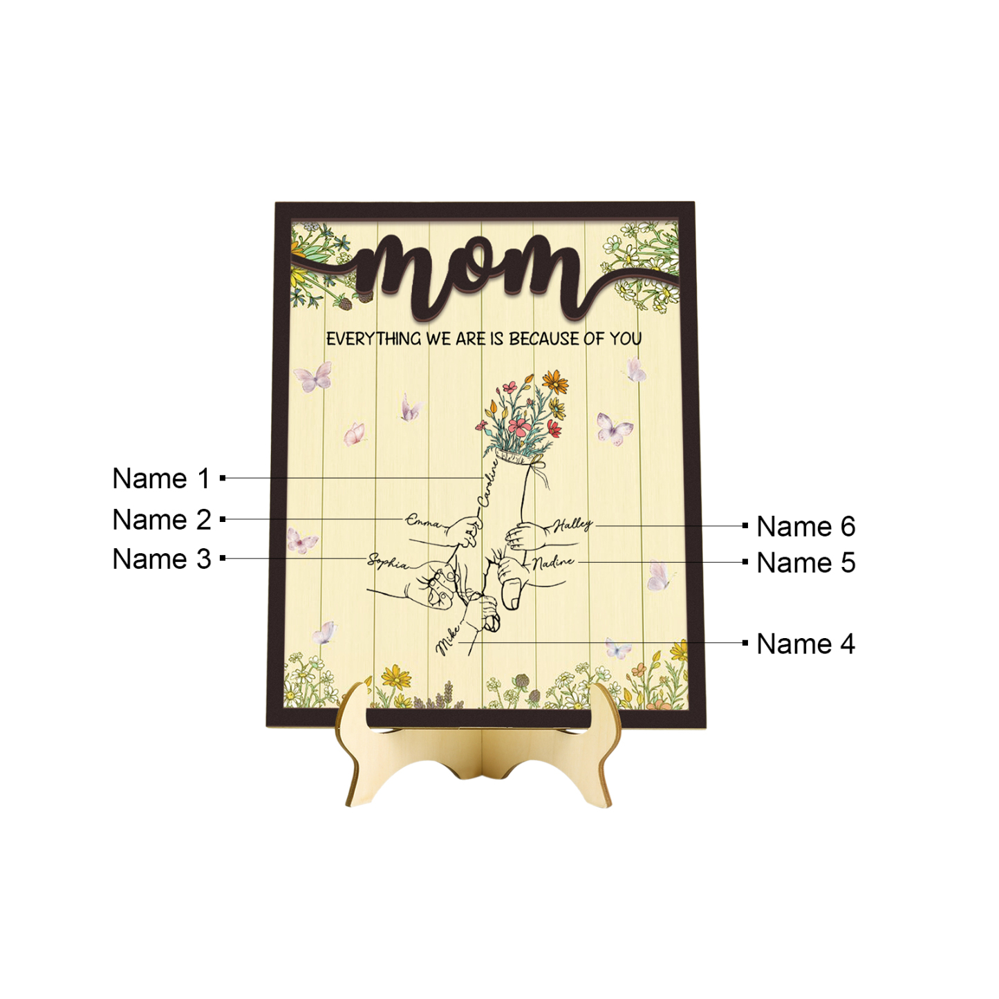 6 Names - Personalized Home Frame Wooden Ornaments Holding Hands Flower Elements Style Ornaments Home Decor for Mom