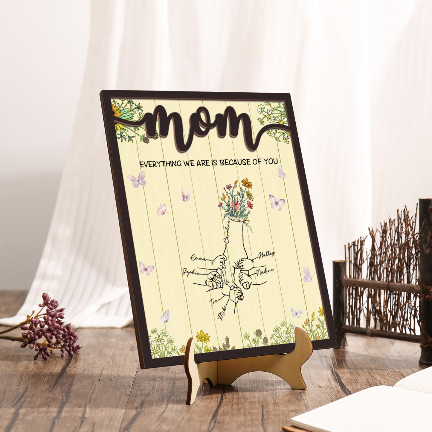 7 Names - Personalized Customizable Text Home Frame Wooden Ornament Holding Hands Flower Elements Style Ornament for Mom