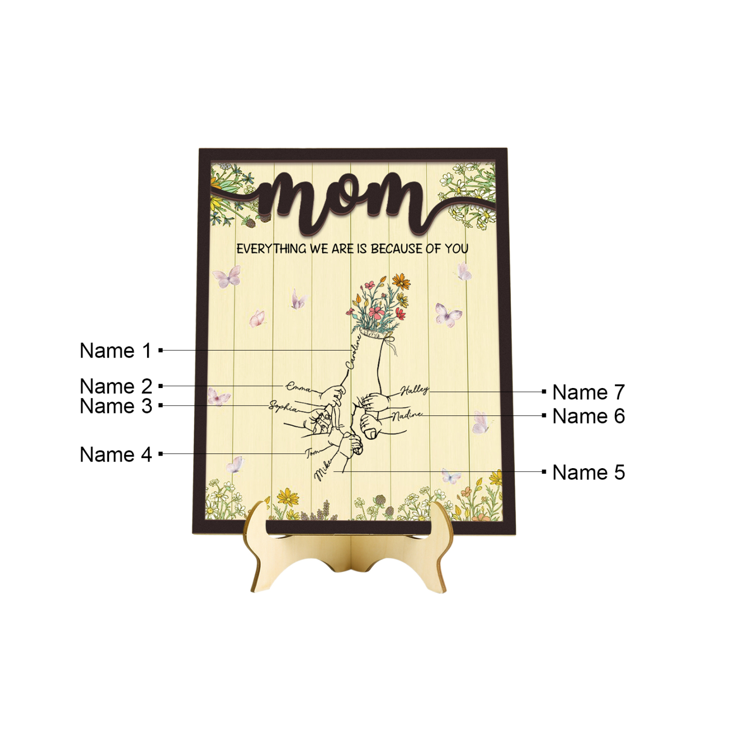 7 Names - Personalized Home Frame Wooden Ornaments Holding Hands Flower Elements Style Ornaments Home Decor for Mom